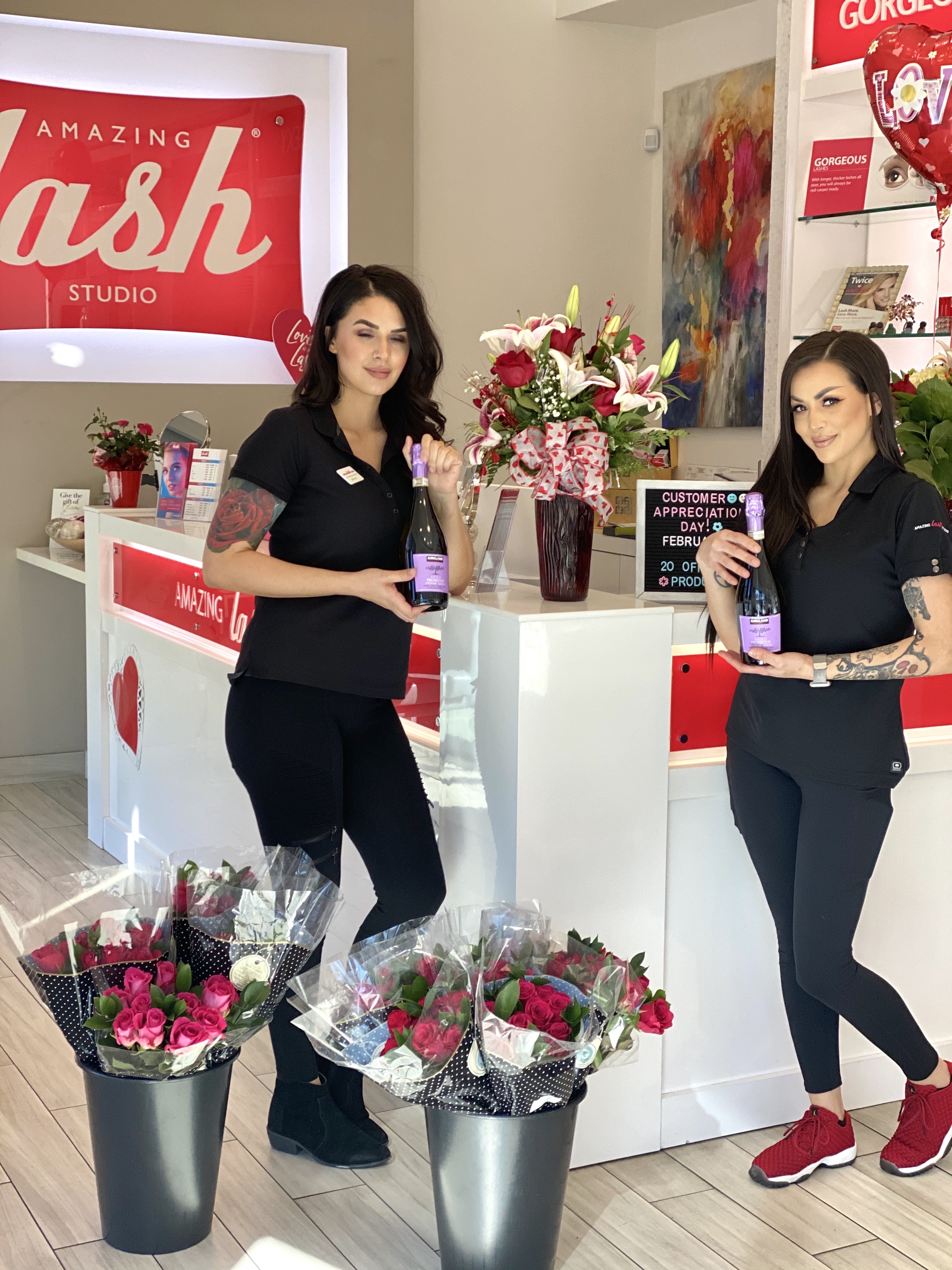 front desk with flowers for Valentine's Day